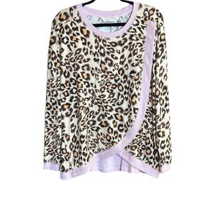 Peter Alexander Leopard Animal Print Long Sleeve Loungewear Top, Pink Trim NWT